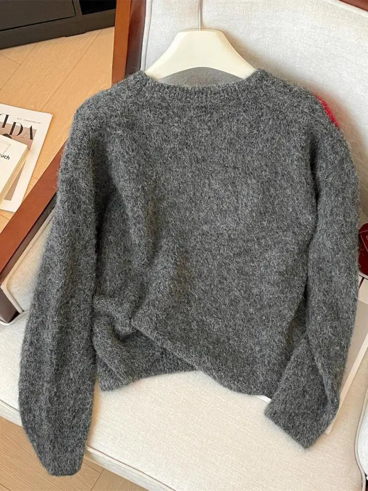 Autumn Winter Grey Patchwork Diamond Elegant Short Knitted Sweater Korean Women's Round Neck Long Sleeved Festival Pullover Tops