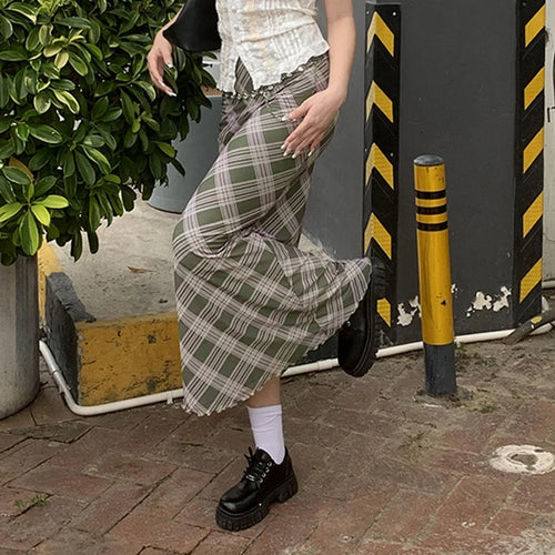 Load image into Gallery viewer, Y2K Green Frill Low Waist Long Plaid Skirt Female Harajuku 2000s Aesthetic Mesh Skirt Two Layer Chic Fairycore Bottom
