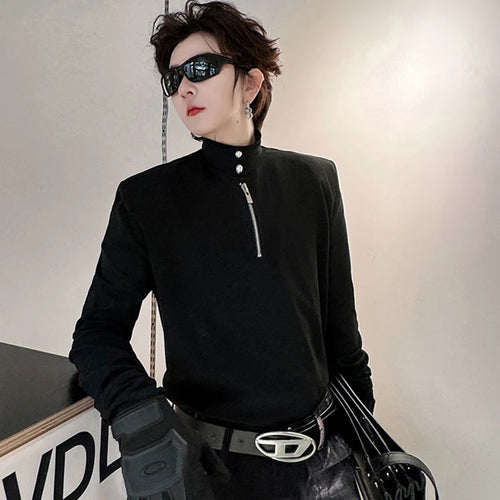 Load image into Gallery viewer, Pearl Zipper Trim Men&#39;s T-shirt Korean Fashion Mock Neck Solid Color Zipper Male Long Sleeve Tops New Stylish 9C4239
