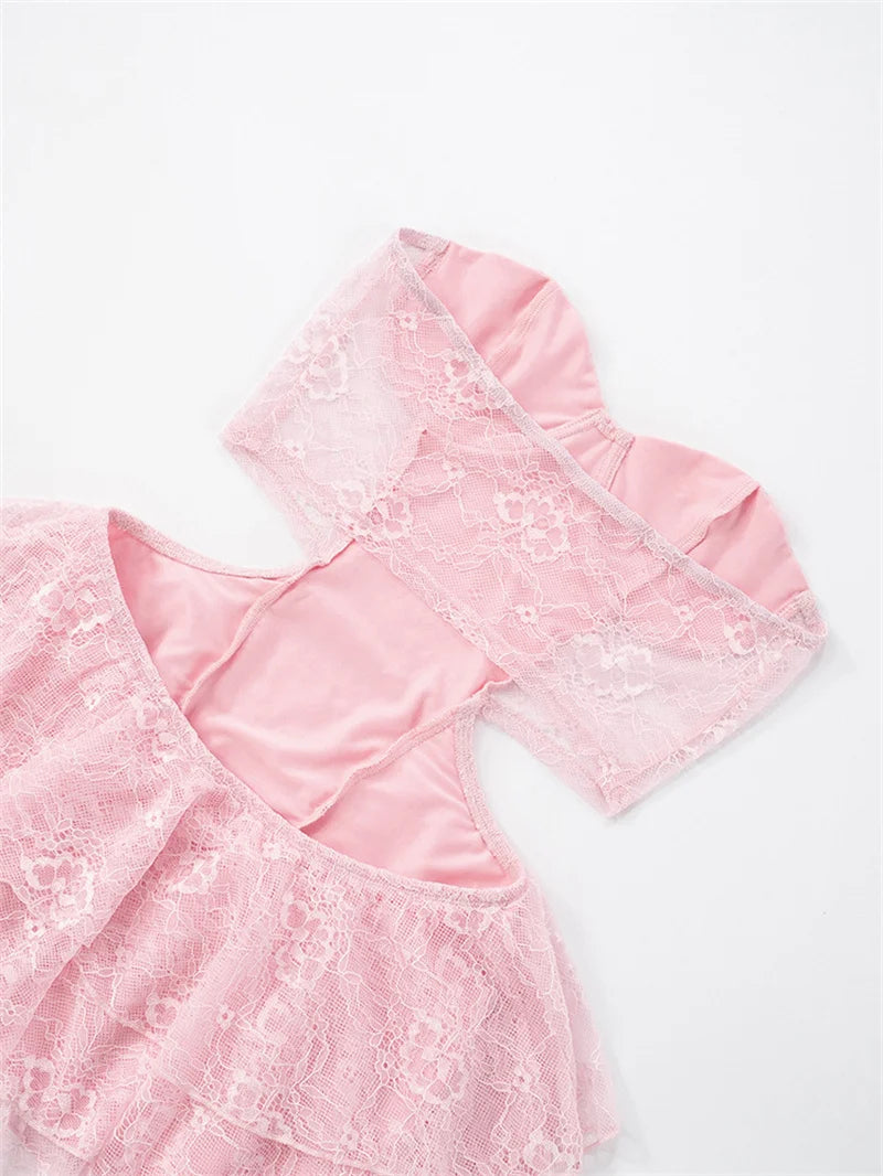 Lace Hollow Out Sexy Mini Dress Women Summer New Off-shoulder Strapless Sleeveless Backless A-line Club Party Dress