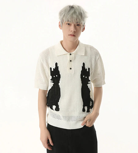 Contrast Color Men's Tees Cartoon Design Niche Turn-down Collar Knitting Tops Short Sleeve Casual Male T-shirts Tide 9W1255