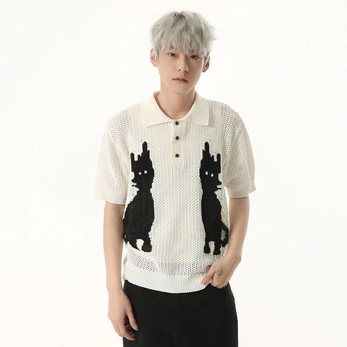 Load image into Gallery viewer, Contrast Color Men's Tees Cartoon Design Niche Turn-down Collar Knitting Tops Short Sleeve Casual Male T-shirts Tide 9W1255
