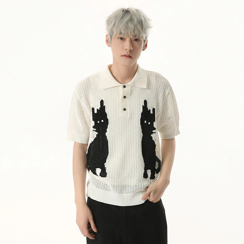 Contrast Color Men's Tees Cartoon Design Niche Turn-down Collar Knitting Tops Short Sleeve Casual Male T-shirts Tide 9W1255