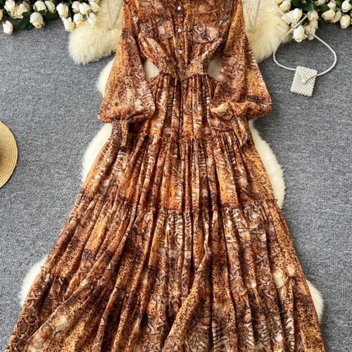 Load image into Gallery viewer, Retro 2024 Autumn Women Print Elegant Lantern Sleeves Long Dress High Waist Single Breasted Evening Party Pleated Shirt Dresses
