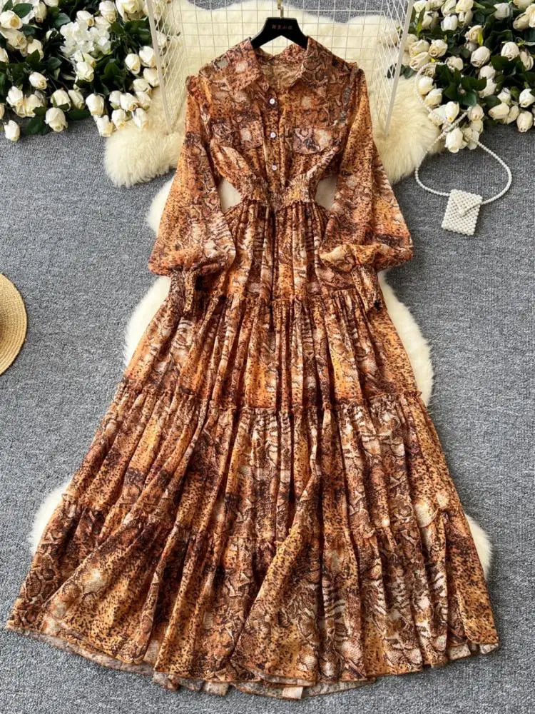 Retro 2024 Autumn Women Print Elegant Lantern Sleeves Long Dress High Waist Single Breasted Evening Party Pleated Shirt Dresses