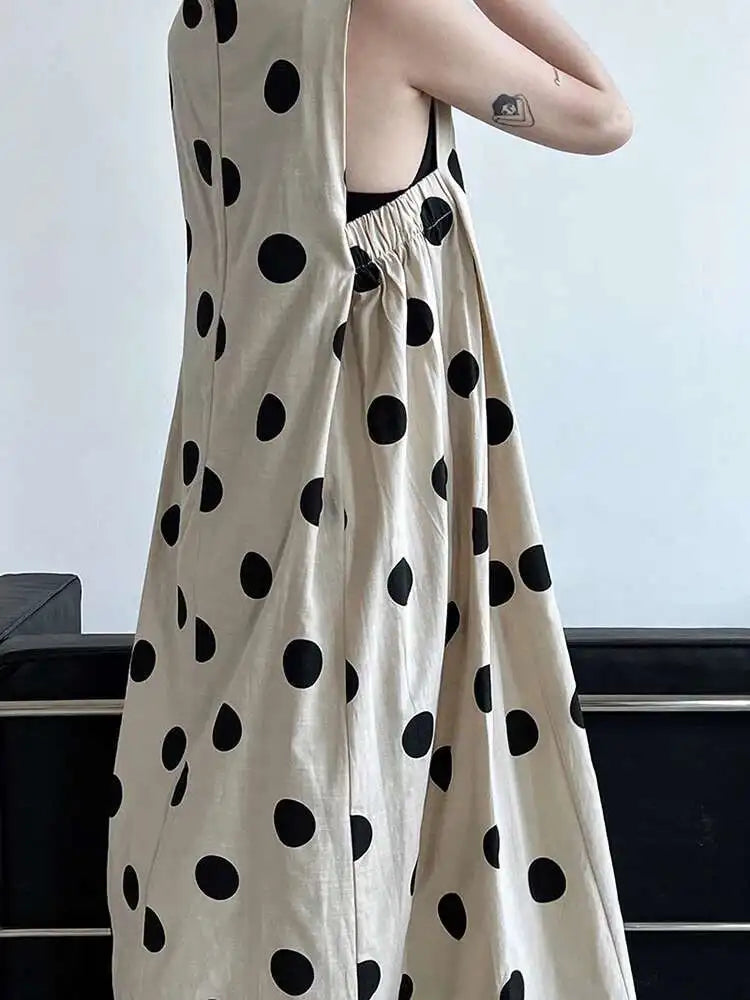 Women White Dot Printed Pleated Big Size Elegant Dress New Round Neck Sleeveless Fashion Tide Spring Summer 2025 1DJ0367