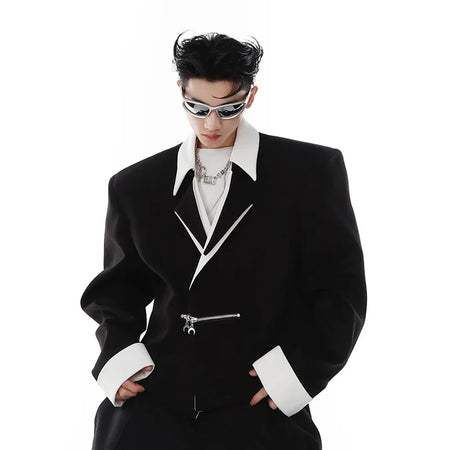 Short Men's Blazers Contrast Color Lapel Shoulder Pad Suit Jacket 2024 New Metal Zipper Niche Design Streetwear 9A6807