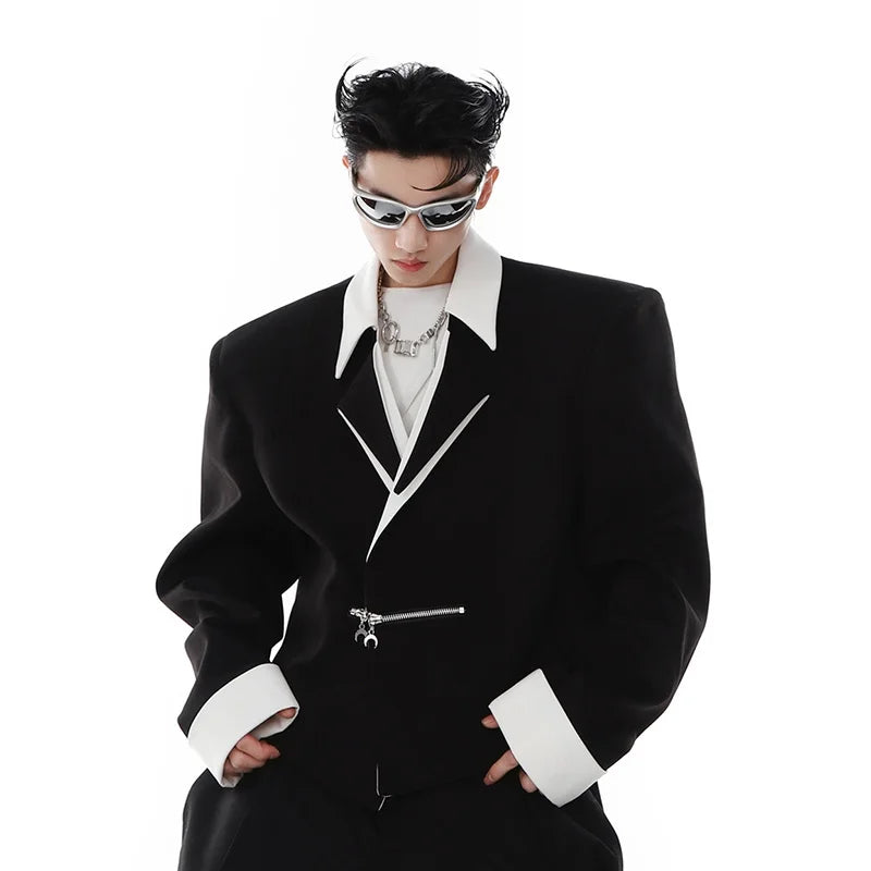 Short Men's Blazers Contrast Color Lapel Shoulder Pad Suit Jacket 2024 New Metal Zipper Niche Design Streetwear 9A6807