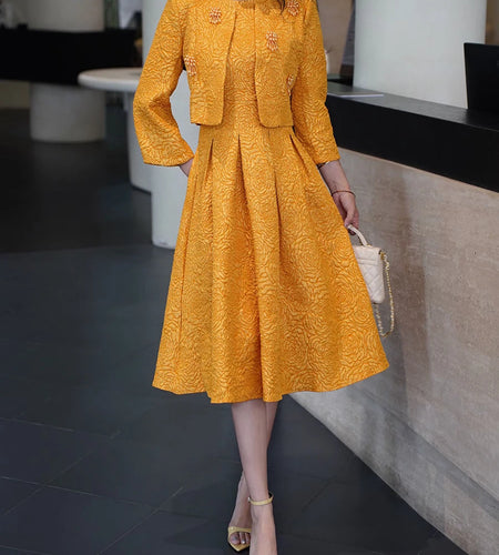 Elegant Two Piece Sets for Women Round Neck Long Sleeves Spliced Bead Jacket O Neck Patchwork Folds Dress Set Female