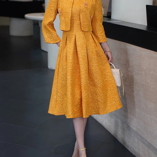 Load image into Gallery viewer, Elegant Two Piece Sets for Women Round Neck Long Sleeves Spliced Bead Jacket O Neck Patchwork Folds Dress Set Female
