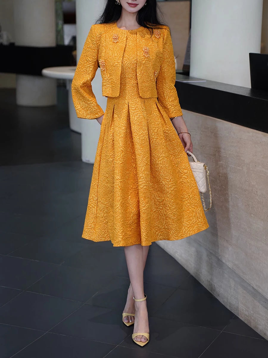 Elegant Two Piece Sets for Women Round Neck Long Sleeves Spliced Bead Jacket O Neck Patchwork Folds Dress Set Female