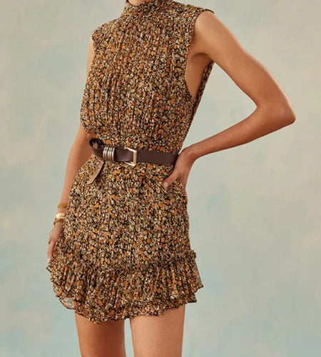 Print Colorblock Mini Dress For Women Stand Collar Sleeveless Patchwork Ruched Folds High Waist Dresses Female 2022 Clothing