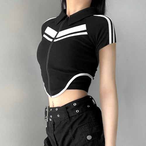 Load image into Gallery viewer, Streetwear Biker Style Zipper Summer T shirts Women Stripe Patchwork Fitness Cropped Tops Contrast Color Harajuku Tee
