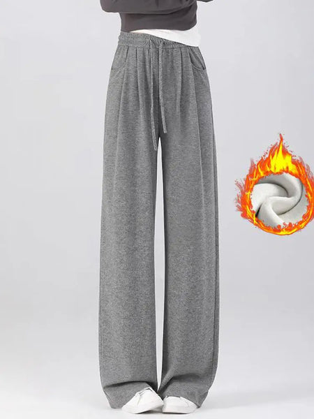 Winter Women Solid Velvet High Waist Drawstring Pant Korean Fashion Versatile Wide Leg Trousers Casual Thick New 2024 Trend Chic