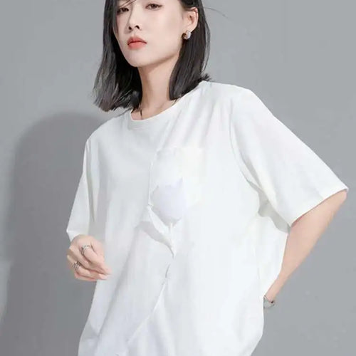 Load image into Gallery viewer, Women Black Flower Spliced Big Size Casual T-shirt New Round Neck Short Sleeve Fashion Tide Spring Summer 2025 1DH9832
