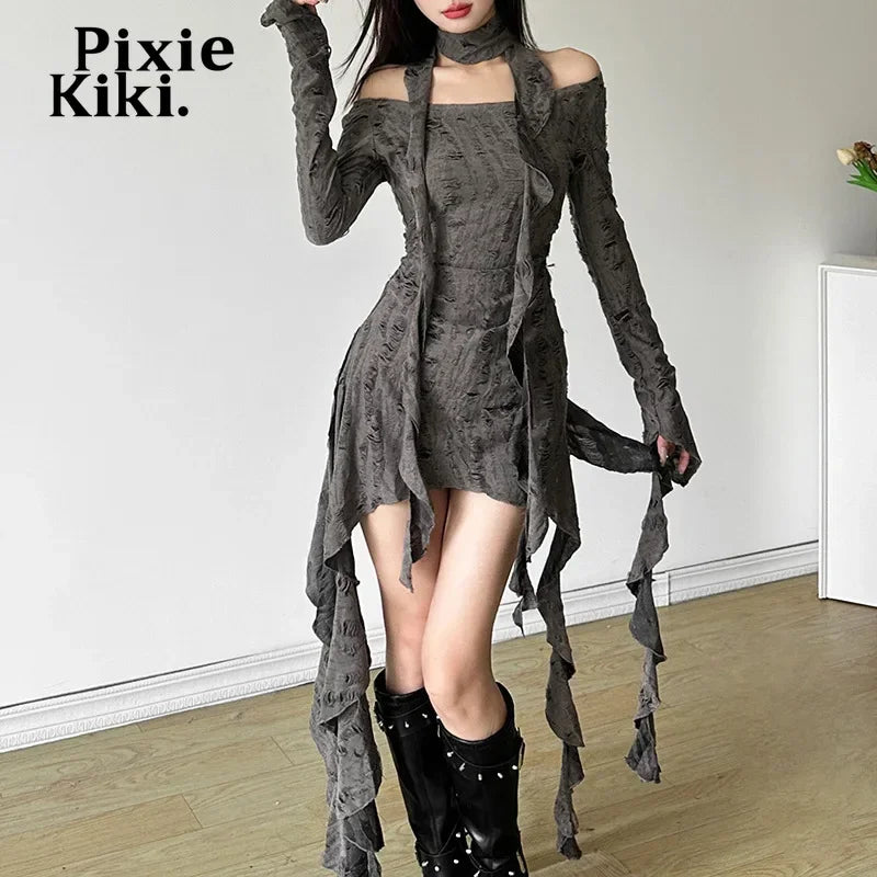 Trashy Y2k Distressed Asymmetrical Dress Off Shoulder Long Sleeve Dresses 2024 Women Fall Clothes P71-EZ33