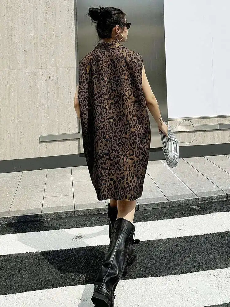 Women Leopard Print Big Size Casual Vintage Mini Vest Dress New Lapel Sleeveless Fashion Tide Spring Autumn 2025 1DH5205