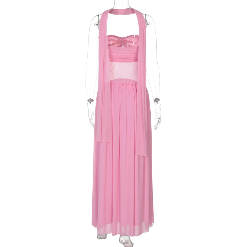 Scarf Collar Backless Sexy Maxi Dress For Women Gown Pink Strapless Off-shoulder Backless Mesh Long Dress Vestido