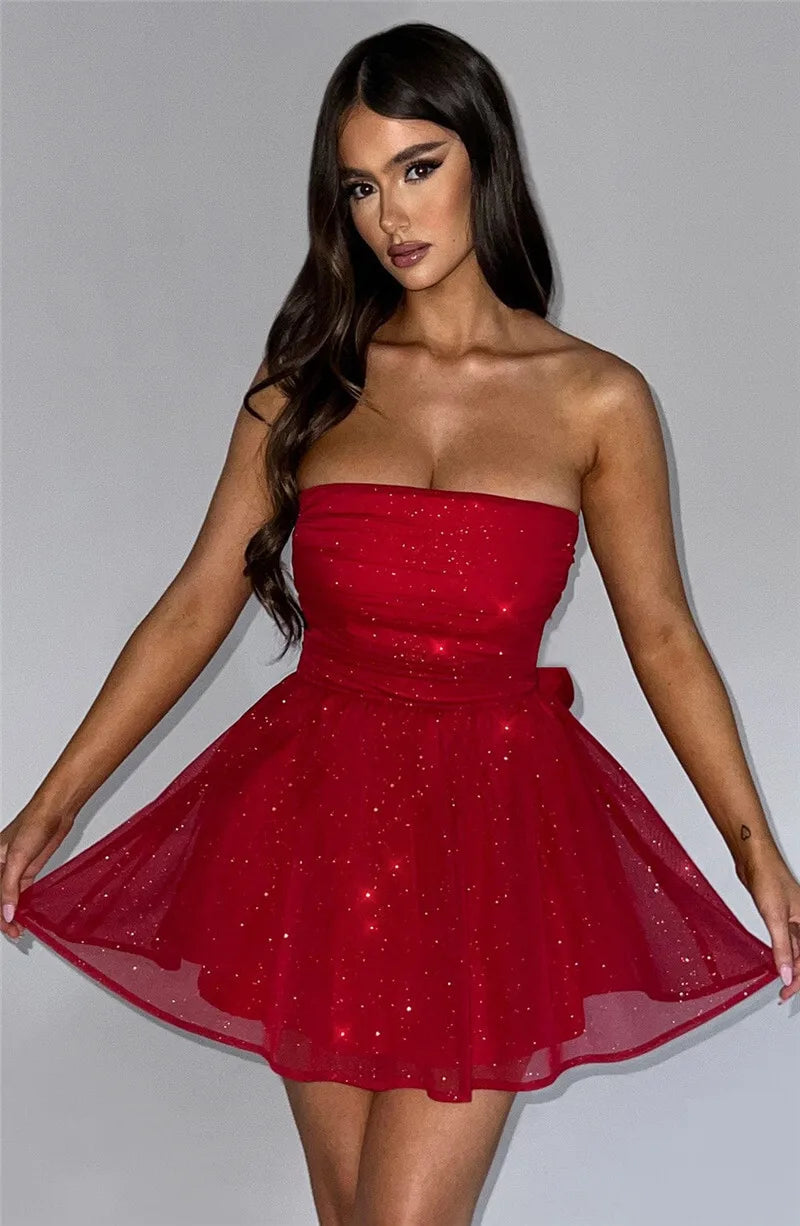 Mesh Strapless Sparkle Sexy Mini Dress For Women Fashion Backless Bow Pleated Dresses Femme Club Party Dress Elegant
