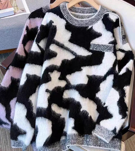 Vintage Women White Colorblock Short Pullover Knitted Loose Sweater 2024 Autumn Winter Pink Round Neck Mink Long Sleeve Tops New