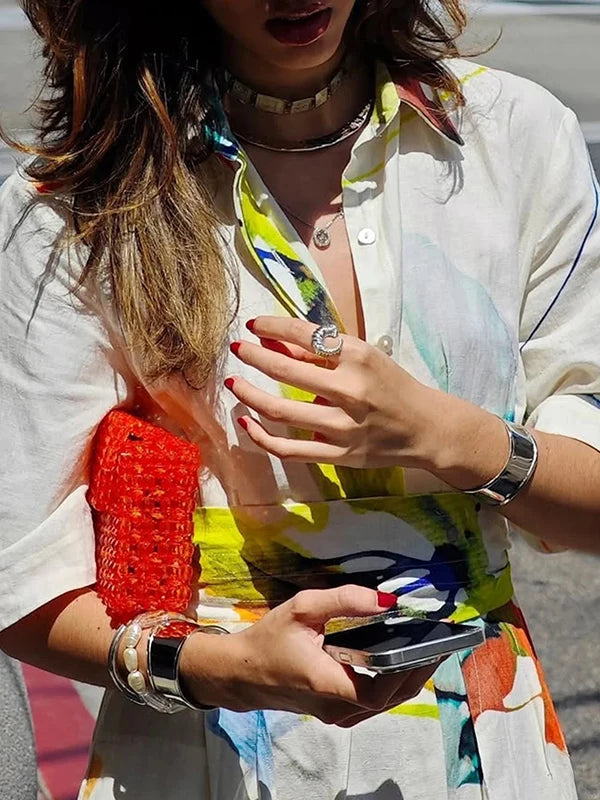 Women's Casual Elegant Dress Summer 2025 Spring  Half Sleeve Button Down Tie Waist Printed Maxi Shirt Dress Fit Daily