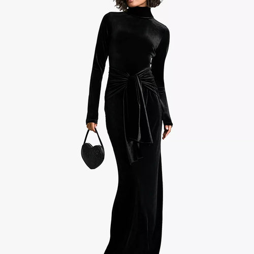Load image into Gallery viewer, Velvet Long Sleeve Sexy Maxi Dress For Women Autumn Winter New Turtleneck Draped Ruched Bodycon Sexy Long Dress
