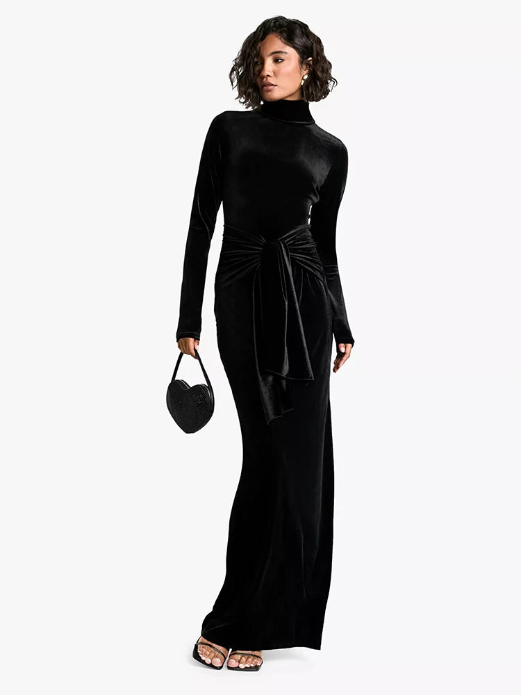 Velvet Long Sleeve Sexy Maxi Dress For Women Autumn Winter New Turtleneck Draped Ruched Bodycon Sexy Long Dress