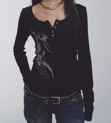 Punk T Shrits Korean Women Clothes Print Long Sleeve Tunic Tees 2025 Ropa Mujer Vintage Chic Tshirts Casual O-neck T-shirt Tops