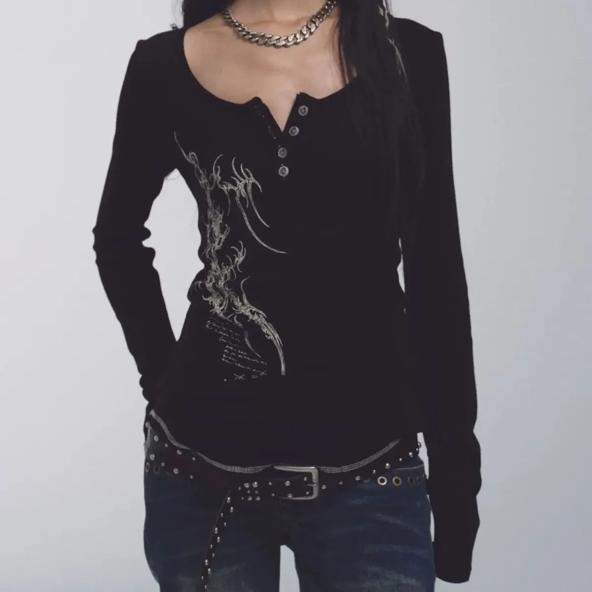 Punk T Shrits Korean Women Clothes Print Long Sleeve Tunic Tees 2025 Ropa Mujer Vintage Chic Tshirts Casual O-neck T-shirt Tops