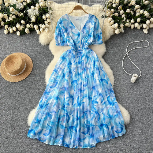 Load image into Gallery viewer, French Retro Romantic Women's Elegant Print V-neck Short Sleeved Pleated Long Dress Summer Vacation Party Evening Dress Bohemian
