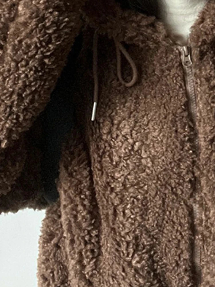 Y2k Aesthetic Zipper Hooded Harajuku Tops Casual Grunge Loose Drawstring Coats Women Streetwear Kawaii Cute Fluffy Warm Jackets