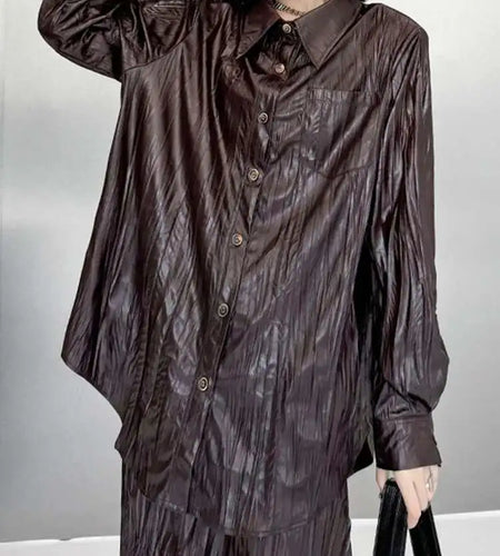 Wine Red Leather Shirt Half-body Skirt Two Pieces Suit New Lapel Long Sleeve Women Fashion Tide Spring Autumn 2025 1DH6880