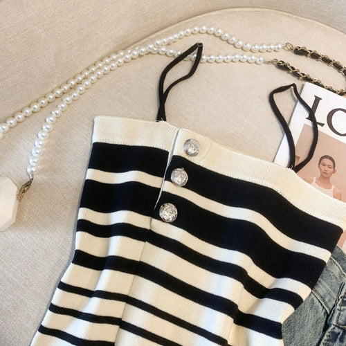 Load image into Gallery viewer, Retro Women Black White Striped Knit Crochet Top Summer Sexy Pink Patchwork Backless Single Breasted Short Spaghetti Strap Tops
