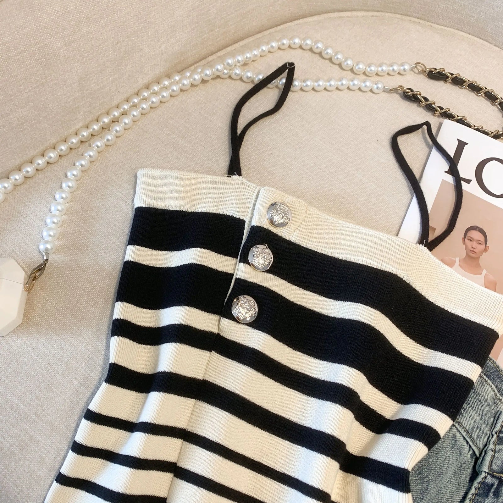 Retro Women Black White Striped Knit Crochet Top Summer Sexy Pink Patchwork Backless Single Breasted Short Spaghetti Strap Tops