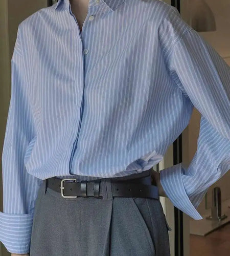 Women Blue Striped Vintage Big Size Blouse New Lapel Long Sleeve Loose Fit Shirt Fashion Tide Spring Autumn 2025 1DH1021