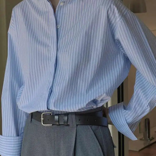 Load image into Gallery viewer, Women Blue Striped Vintage Big Size Blouse New Lapel Long Sleeve Loose Fit Shirt Fashion Tide Spring Autumn 2025 1DH1021
