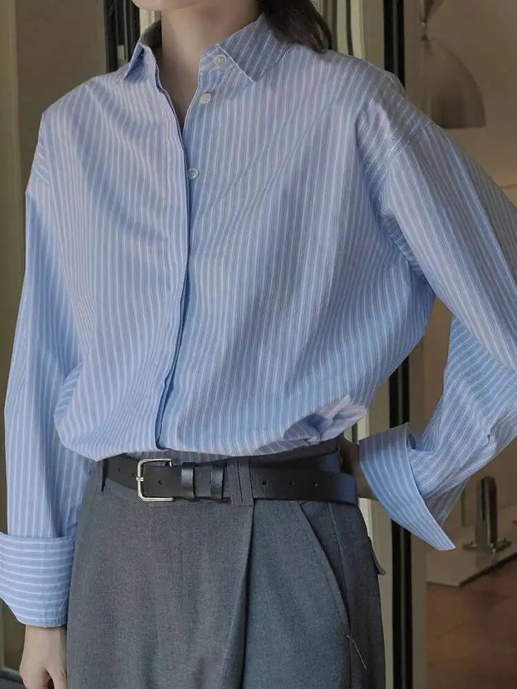 Women Blue Striped Vintage Big Size Blouse New Lapel Long Sleeve Loose Fit Shirt Fashion Tide Spring Autumn 2025 1DH1021