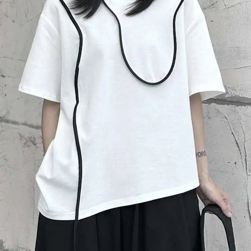 Load image into Gallery viewer, Women Black Color-block Irregular Big Size T-shirt New Round Neck Short Sleeve Fashion Tide Spring Summer 2025 1DF9655
