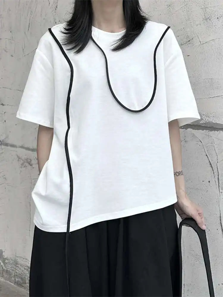 Women Black Color-block Irregular Big Size T-shirt New Round Neck Short Sleeve Fashion Tide Spring Summer 2025 1DF9655