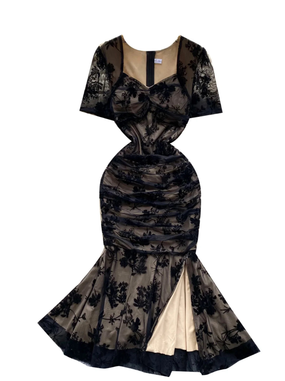 Vintage Women Black Elegant Square Neck Birthday Fishtail Evening Dress Summer High Waist Party Pleated Lace Split Long Dresses