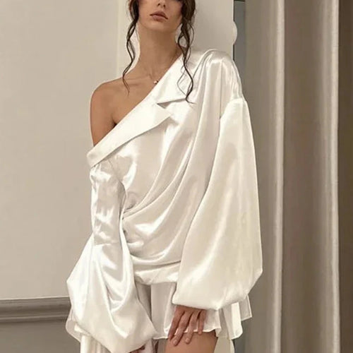 Load image into Gallery viewer, Sexy Backless One Shoulder Long Sleeve Mini Dress Asymmetrical Satin White Dresses 2024 Women Autumn C83-EZ27
