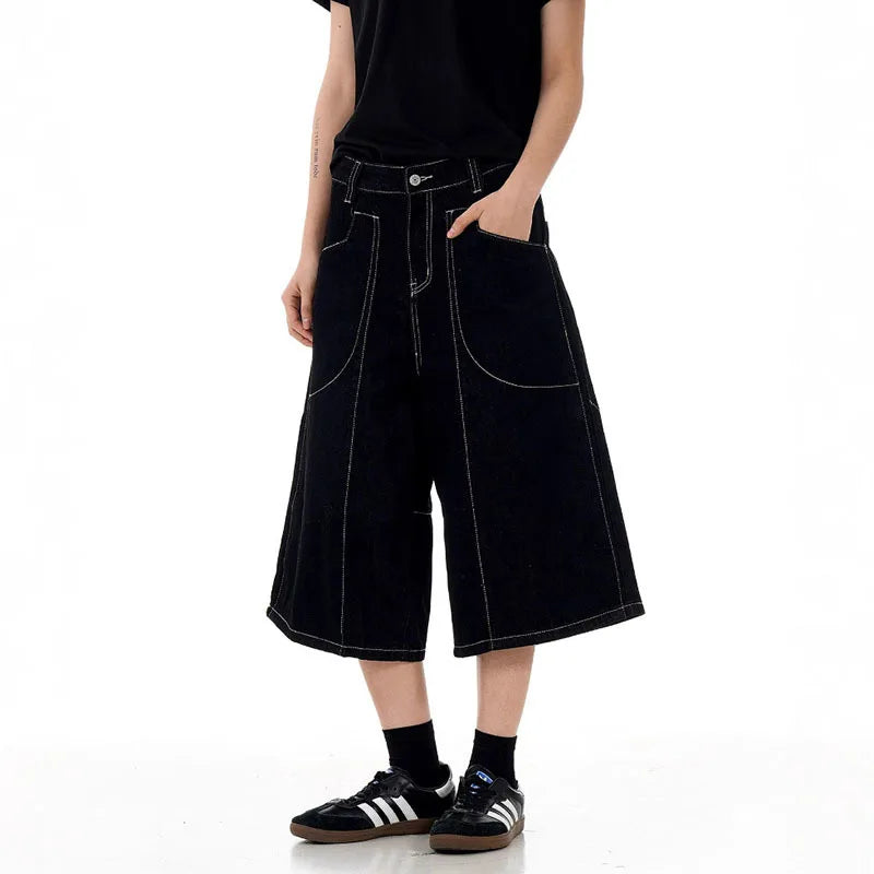 High Street American Style Cropped Jeans Summer Patchwork Handsome Straight Wide Leg Design Shorts Solid Color 9W1714