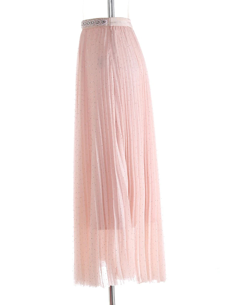 High Elastic Waist Black Pleated Rhinestones Shining Half-body Skirt Women Fashion Tide New Spring Autumn 2025 1DJ1271