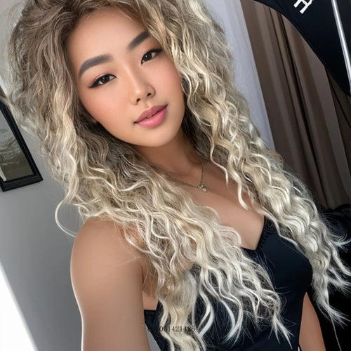 Load image into Gallery viewer, Ash Blonde Wig Synthetic Long Curly Hair Wigs for Women Fluffy Hairstyle Wave Ombre Wig Costume Carnival Party Regular Curly Wig
