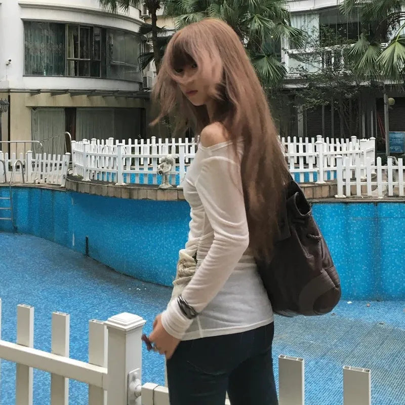 Japanese Y2k Off Shoulder Tops Vintage 2000s Style Knitted T-shirt Harajuku Flower Print Long Sleeve Sheer Tops American