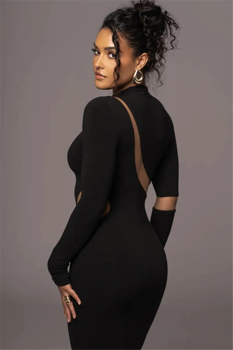 Turtleneck Long Sleeve Bodycon Maxi Dress For Women Autumn New Patchwork Hollow Out Club Party Sexy Long Dress Vestidos