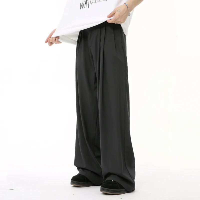 Trend Men's Suit Pants Free Draping Pleated Droop Bottom Straight Wide Leg Solid Color Male Casual Bottom Summer 9C6592