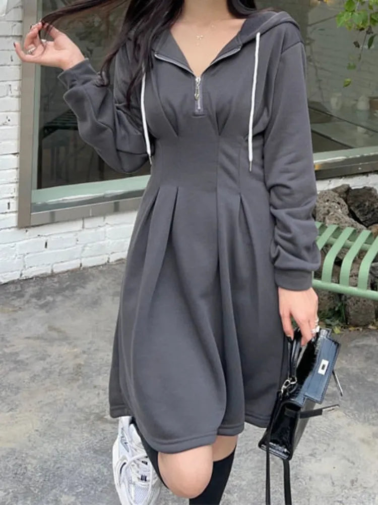 Korean School Sport Oversize Hood Dress Women Kpop Fashion Streetwear Design Student Mini Short Dresses Autumn