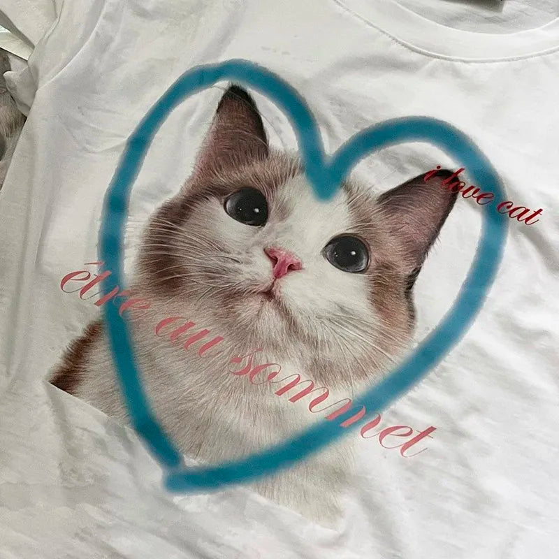 Y2k Aesthetics Crop Top Korean Fashion Kitten Print T-shirt Kpop Designer Clothes Kawaii Cat Short Sleeve Tshirt Sweet