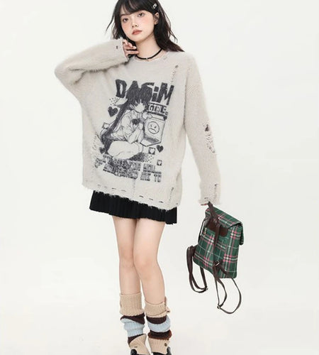 Cartoon Jacquard Japanese Grunge Sweater Women Gothic Vintage Ripped Y2k Aesthetic Jumper Streetwear Oversize Hiphop Pullover